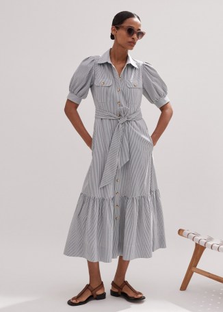 me and em Cotton Seersucker Midi Shirt Dress + Belt in Navy/White – blue and white striped puff sleeve collared dresses – belted tie waist – tiered hem