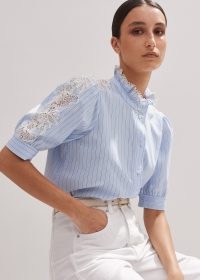 ME and EM Cotton Stripe Lace Detail Blouse in Blue ~ short sleeve high ruffle neck blouses