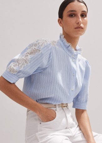 ME and EM Cotton Stripe Lace Detail Blouse in Blue ~ short sleeve high ruffle neck blouses