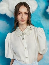 sister jane WILD HEARTS Cowgirl Glitter Blouse in Pearled Ivory – embellished puff sleeve blouses