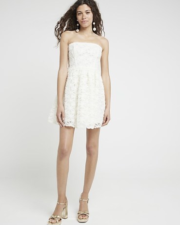 RIVER ISLAND Cream Lace Bandeau Skater Mini Dress ~ strapless floral semi sheer overlay party dresses