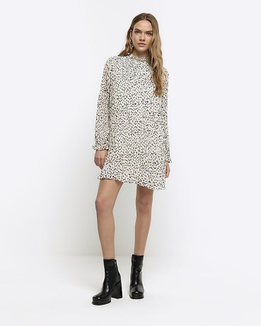 RIVER ISLAND Cream Plisse Leopard Print Shift Mini Dress / long sleeve high neck animal print dresses