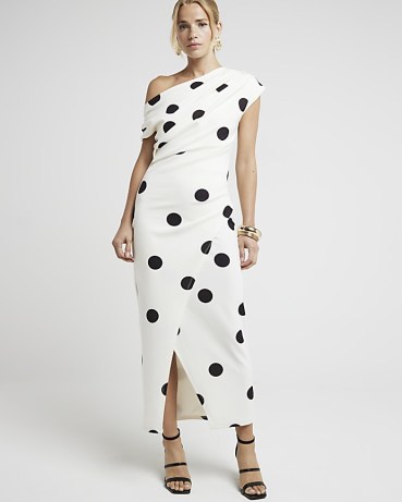 RIVER ISLAND Black Spot Ruffle Bodycon Mini Dress / asymmetric one shoulder evening occasion dresses