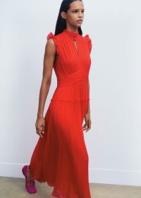me and em Crinkle Silk Maxi Dress in Poppy Red – bright ruffled shoulder summer dresses – feminine event clothing