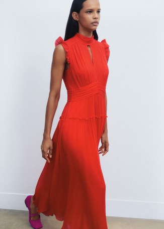 me and em Crinkle Silk Maxi Dress in Poppy Red – bright ruffled shoulder summer dresses – feminine event clothing