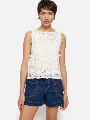 JIGSAW Crochet Embroidered Tank in Ivory / women’s feminine knitted tanks / womens semi sheer vest top