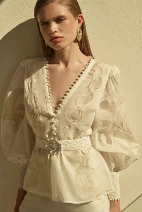 KAREN MILLEN Cutwork Organdie Woven Balloon Sleeve Blouse in Ivory ~ long voluminous sleeved blouses ~ feminine clothing