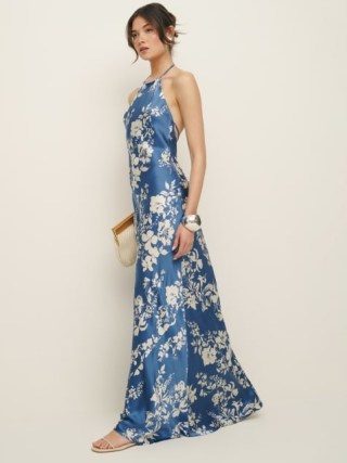 Reformation Jeany Silk Dress £ 348 Cyanotype – silky blue and white floral strappy halterneck maxi dresses – feminine summer occasion fashion – luxe event clothing