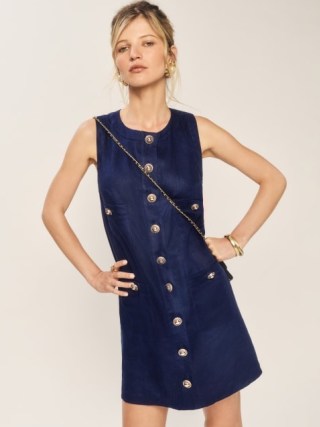 Reformation Tropez Linen Dress in Danube / chic dark blue sleeveless button detail mini dresses