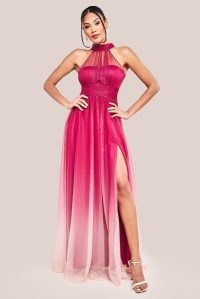 GODDIVA DOBBY MESH HALTER NECK MESH OMBRE MAXI DRESS in MAGENTA OMBRE ~ pink halterneck prom dresses