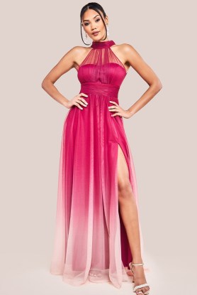 GODDIVA DOBBY MESH HALTER NECK MESH OMBRE MAXI DRESS in MAGENTA OMBRE ~ pink halterneck prom dresses