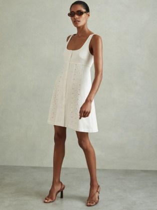 Reiss DOROTHEA LINEN BRODERIE MINI DRESS in Ivory / sleeveless A-line summer dresses