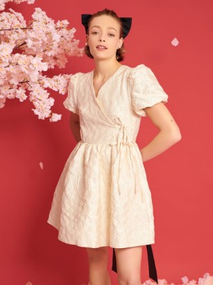 sister jane Lilith Jacquard Wrap Dress in Whipped Cream – puff sleeve wrap style mini dresses – DREAM A TALE OF BLOSSOMS