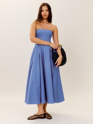 Reformation Astoria Dress in Dusk – blue strapless fit and flare midi dresses – bandeau neckline – organic cotton summer fashion – tulle lined full skirt