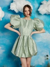 sister jane WILD HEARTS Edan Jacquard Mini Dress in Sage Green – women’s metallic puffed sleeve bubble hem party dresses