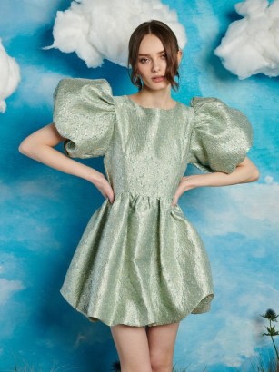 sister jane WILD HEARTS Edan Jacquard Mini Dress in Sage Green – women’s metallic puffed sleeve bubble hem party dresses