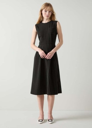 L.K. BENNETT Ellis Black & Ivory Pinstripe Sleeveless Dress ~ striped fit and flare dresses ~ women’s office workwear clothing