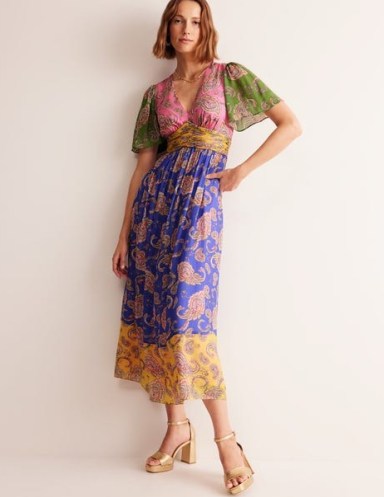 Boden Empire Ruched Maxi Dress in Cashmere Rose, Wild Paisley / colour block printed angel sleeve dresses