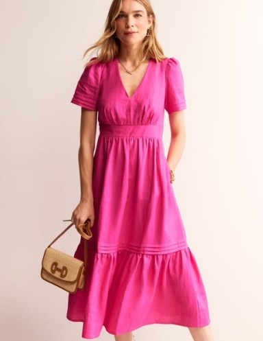 BODEN Eve Linen Midi Dress Pop Pansy / women’s pink short sleeve tiered hem summer dresses