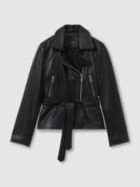 REISS FEBE BELTED LEATHER JACKET in BLACK ~ women’s luxe zip detail tie waist jackets ~ womens luxury biker style fashion