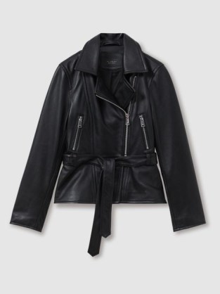 REISS FEBE BELTED LEATHER JACKET in BLACK ~ women’s luxe zip detail tie waist jackets ~ womens luxury biker style fashion