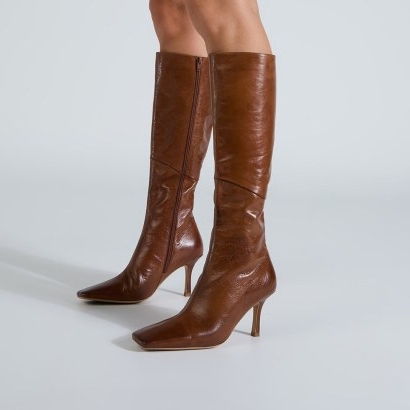 TONY BIANCO Fiesty Cognac Vintage Calf Boots ~ brown leather square toe knee high boot ~ women’s luxe footwear