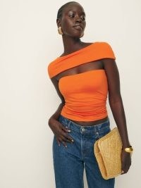 Reformation Carmina Knit Top in Flame – chic orange cut out tops
