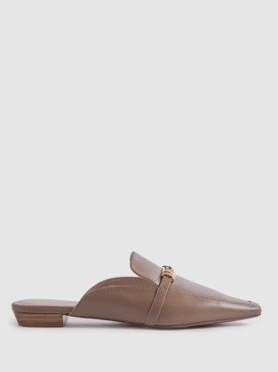 Reiss MEGHAN FLAT LEATHER MULES in TAUPE | loafer style pointed toe mule