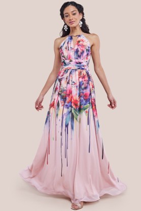 GODDIVA FLORAL PRINTED CHIFFON HALTER MAXI DRESS in BLUSH FLORAL ~ pink halterneck occasion dresses