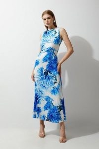 KAREN MILLEN Floral Printed Drapey Jersey Maxi Dress in Blue / sleeveless occasion dresses