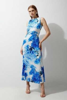 KAREN MILLEN Floral Printed Drapey Jersey Maxi Dress in Blue / sleeveless occasion dresses