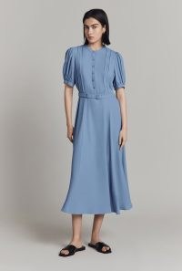 GHOST LONDON Francis Satin Back Crepe Midi Dress in Blue | women’s vintage inspired fashion | retro style dresses