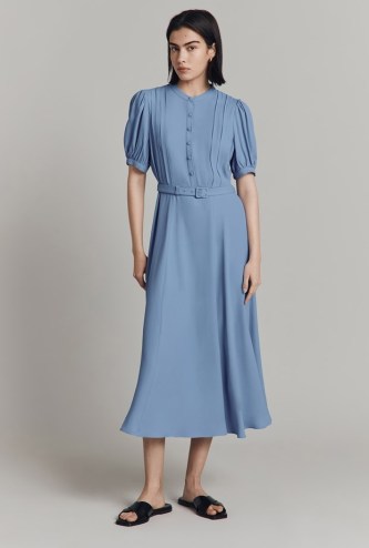 GHOST LONDON Francis Satin Back Crepe Midi Dress in Blue | women’s vintage inspired fashion | retro style dresses