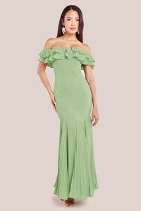 GODDIVA FRILLED OFF THE SHOULDER PLEATED CHIFFON MAXI DRESS in SAGE GREEN ~ ruffled bardot prom dresses