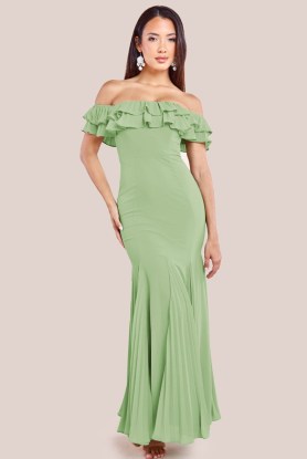 GODDIVA FRILLED OFF THE SHOULDER PLEATED CHIFFON MAXI DRESS in SAGE GREEN ~ ruffled bardot prom dresses