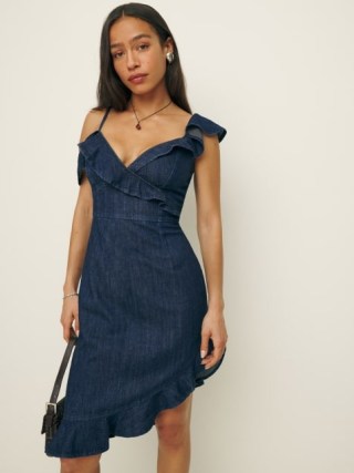 Reformation Evelyn Denim Dress in Galilee – blue asymmetric ruffle trim dresses