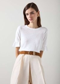 L.K. BENNETT Gene Linen Frill T-Shirt In White / short ruffle sleeve summer tee