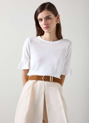 L.K. BENNETT Gene Linen Frill T-Shirt In White / short ruffle sleeve summer tee