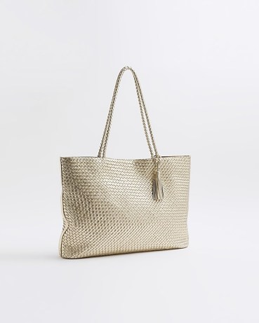 RIVER ISLAND Gold Leather Woven Shopper Bag / metallic shoppers