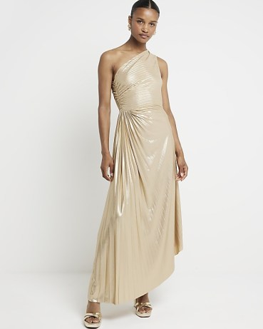 RIVER ISLAND Gold Ruched Side Asymmetric Swing Midi Dress / shimmering one shoulder evening dresses