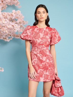 sister jane Grace Jacquard Mini Dress in Rose Red – floral puff sleeve mini dresses – A TALE OF BLOSSOMS – romantic style fashion