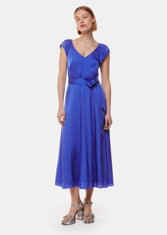 WHISTLES Arie Hammered Satin Midi Dress in Cobalt Blue / silky summer occasion dresses