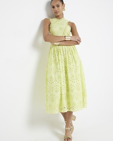 RIVER ISLAND Green Broderie Cross Neck Smock Midi Dress ~ sleeveless summer dresses