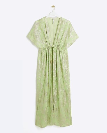 RIVER ISLAND Green Metallic Longline Beach Kaftan Top – embellished maxi kaftans – glamorous pool cover up – poolside glamour