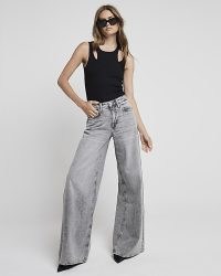 RIVER ISLAND Grey Mid Rise Elastic Back Palazzo Jeans ~ women’s relaxed denim fashion