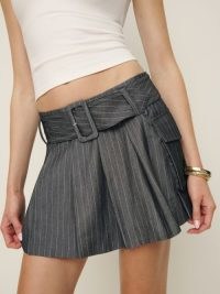 Reformation Brinley Skirt in Grey Stripe | striped belted mini skirts