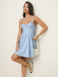 Reformation Cherrie Dress in Horizon – strappy light blue fit and flare summer dresses – fitted bodice / ruched bust detail