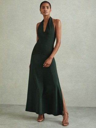 REISS RENE HYBRID KNIT MIDI DRESS in GREEN ~ chic halterneck occasion dresses ~ halter neck event clothing