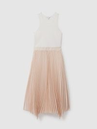 Reiss MARNIE HYBRID KNITTED MIDI DRESS in Ivory/Nude / sleeveless pleated asymmetric hemline summer dresses / colour block clothing