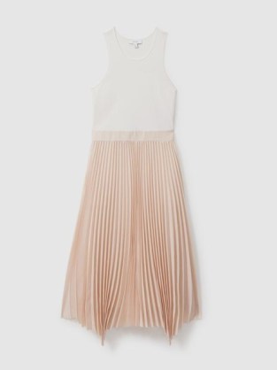 Reiss MARNIE HYBRID KNITTED MIDI DRESS in Ivory/Nude / sleeveless pleated asymmetric hemline summer dresses / colour block clothing